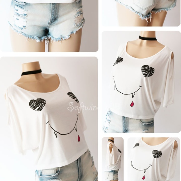 White Graphic Cutout Cold Shoulder Cute Crop Top - Picture 3 of 8